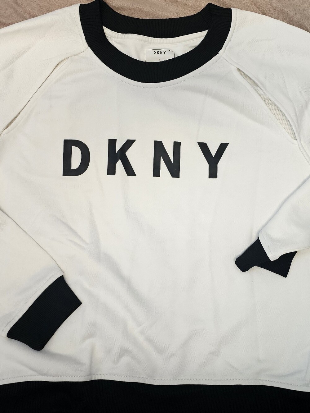 DKNY White Crewneck Sweater with Black Trim and Logo